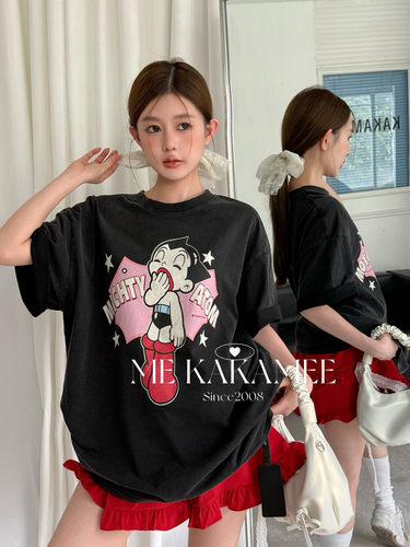 ME KAKAMEE夏新品卡通阿童木喷画水洗炒纱宽松大版短袖T恤S5036