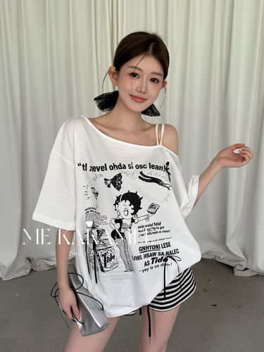 ME KAKAMEE甜辣贝蒂小姐立体蝴蝶结渐变斜肩带大版短袖T恤S5132