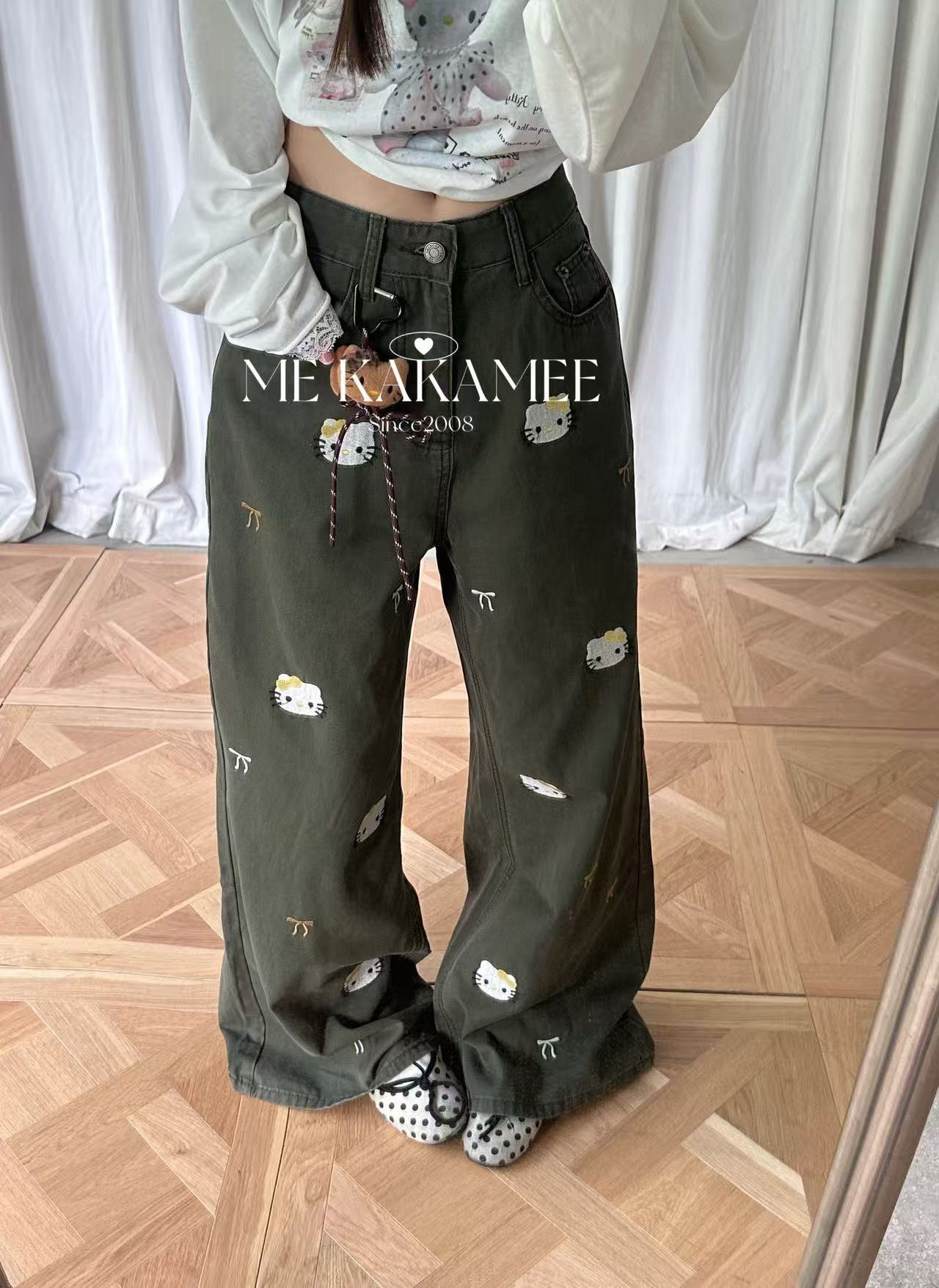 ME KAKAMEE秋新品刺绣KT设计感阔腿牛仔裤 配可拆卸公仔C0936