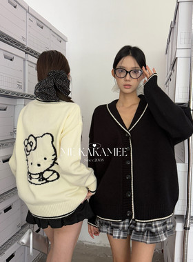 ME KAKAMEE秋新品韩系慵懒感KT猫撞色厚实大版宽松开衫毛衣A2837