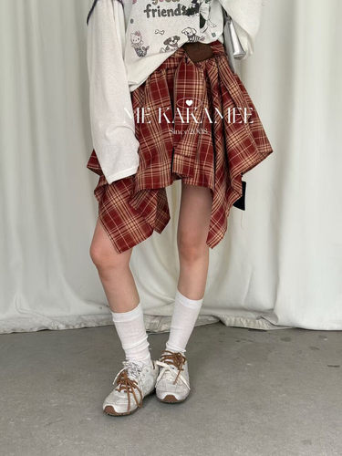 ME KAKAMEE夏新品设计感叠穿绑带假两件休闲短裙格纹半身裙 619