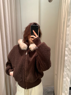 Hers冬新款韩版时尚显瘦简约复古日常连帽大毛领短外套夹克92721