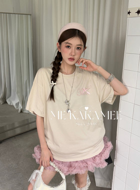 ME KAKAMEE夏新品韩系甜美立体蝴蝶结慵懒宽松大版短袖T恤S5072