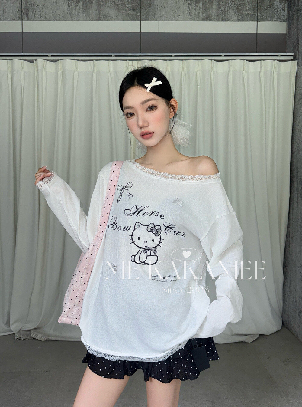 ME KAKAMEE夏新品韩系烫钻KT蕾丝拼接条纹斜肩宽松防晒衫S5233