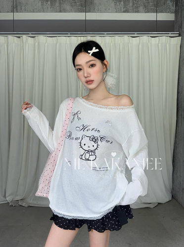 ME KAKAMEE夏新品韩系烫钻KT蕾丝拼接条纹斜肩宽松防晒衫S5233