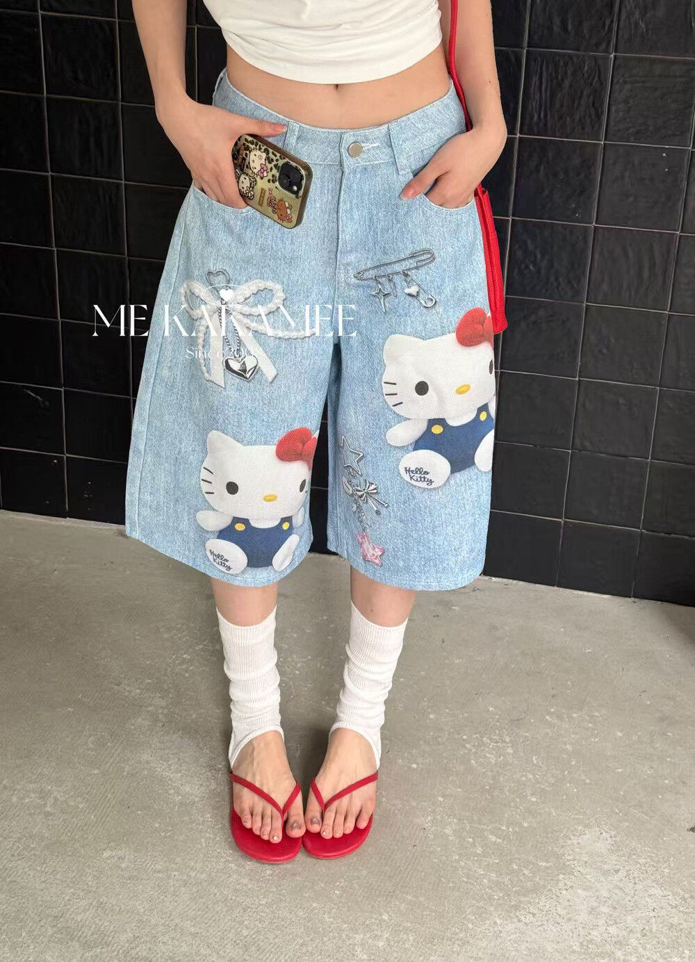 ME KAKAMEE夏新品3D工艺卡通KT猫设计七分牛仔裤显瘦裤子C0796