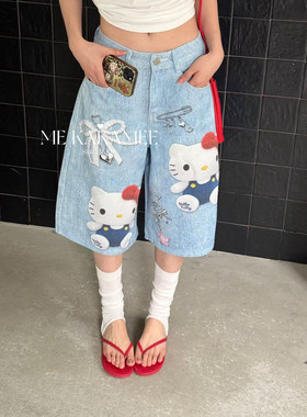 ME KAKAMEE夏新品3D工艺卡通KT猫设计七分牛仔裤显瘦裤子C0796