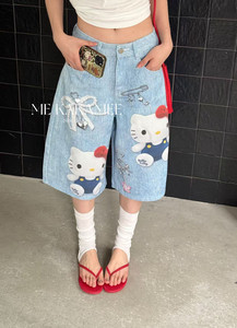 ME KAKAMEE夏新品3D工艺卡通KT猫设计七分牛仔裤显瘦裤子C0796