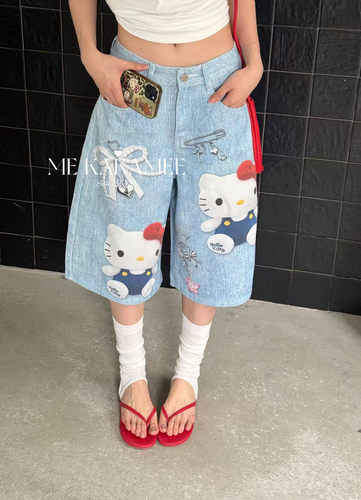 ME KAKAMEE夏新品3D工艺卡通KT猫设计七分牛仔裤显瘦裤子C0796