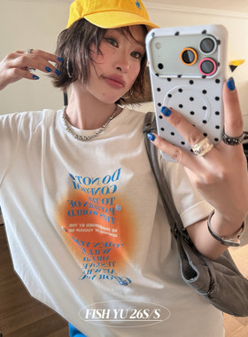 FISH YU美式复古晕染字母印花手缝格纹纽扣宽松圆领大版短袖T恤女