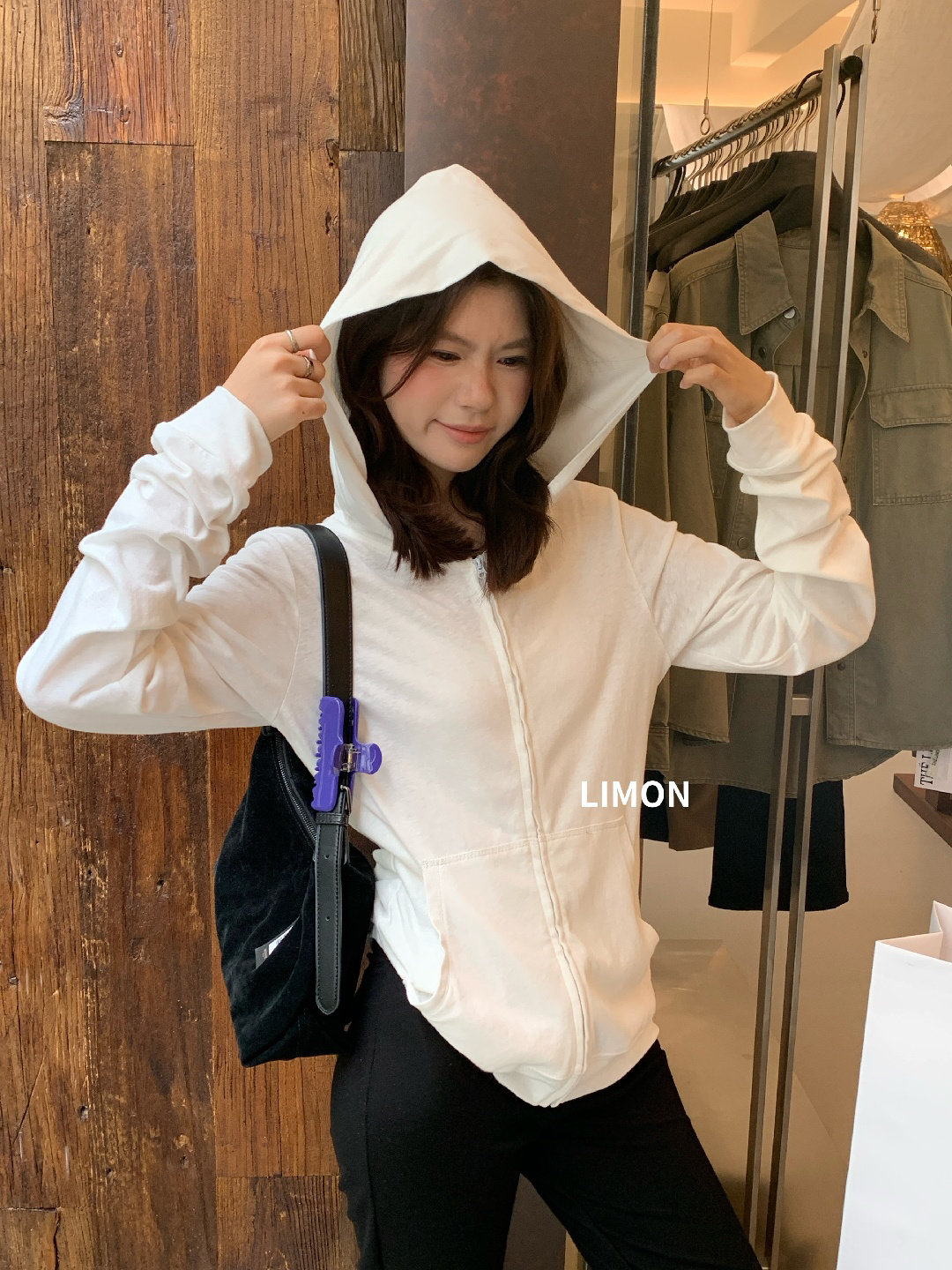 柠檬绿茶秋新款韩版松弛chic雪花棉拉链连帽休闲外套纯色女休闲