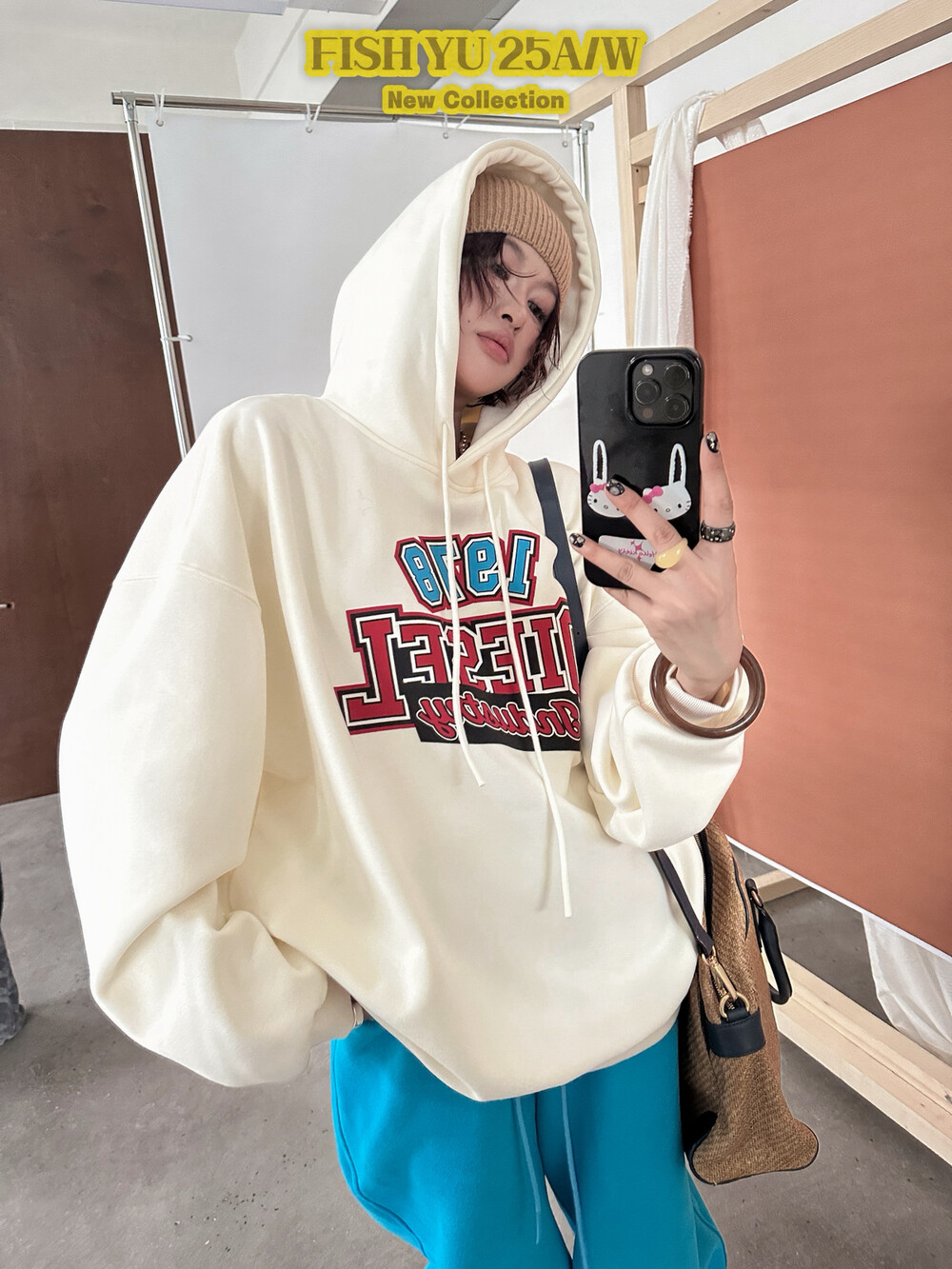 YU欧货潮牌美式复古彩色字母前后绒面发泡印花复合加绒连帽卫衣