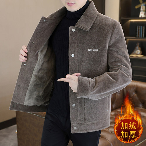 毛呢大衣男士短款翻领韩版刺绣呢子外套冬季加绒加厚夹克男1218e