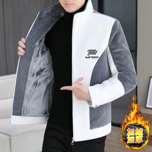 加绒加厚立领呢子夹克男年修身刺绣保暖外套帅气百搭毛呢1218e