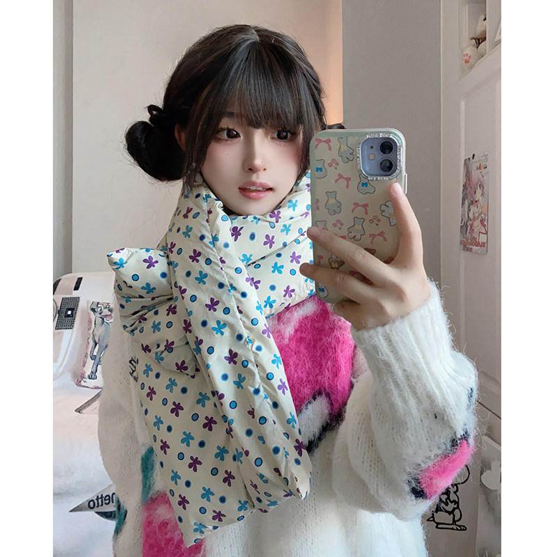 碎花羽绒交叉小围巾女冬季