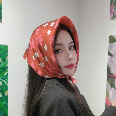 日系小方巾丝巾女红色碎花头巾