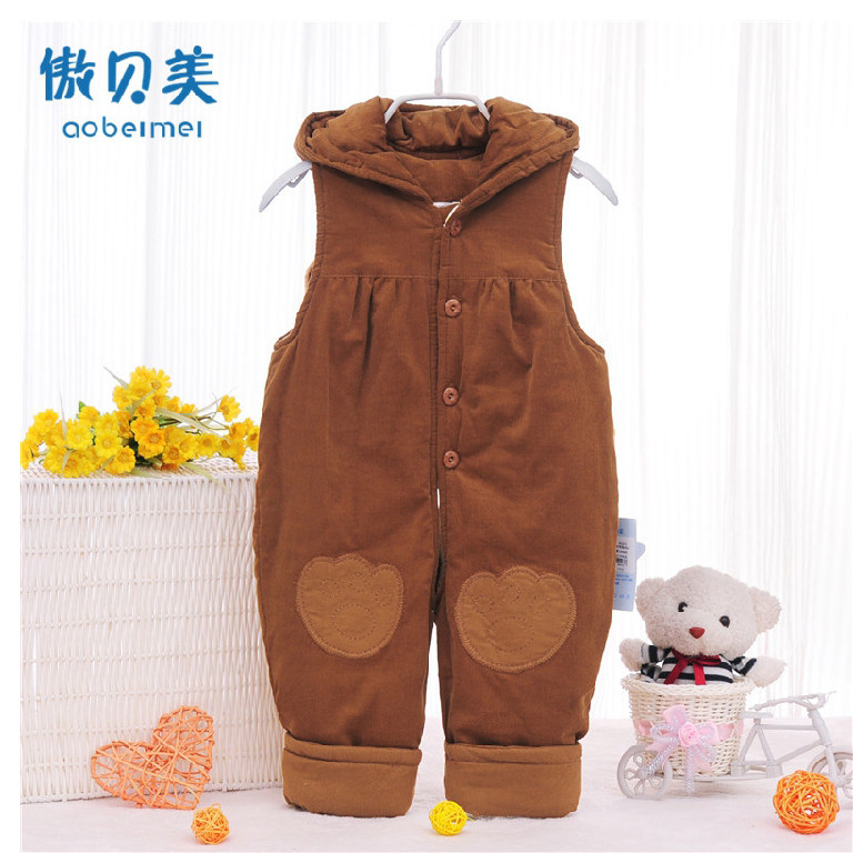 傲贝美童装冬季男童女童背带裤宝宝小孩加厚灯芯绒开档背带棉裤子