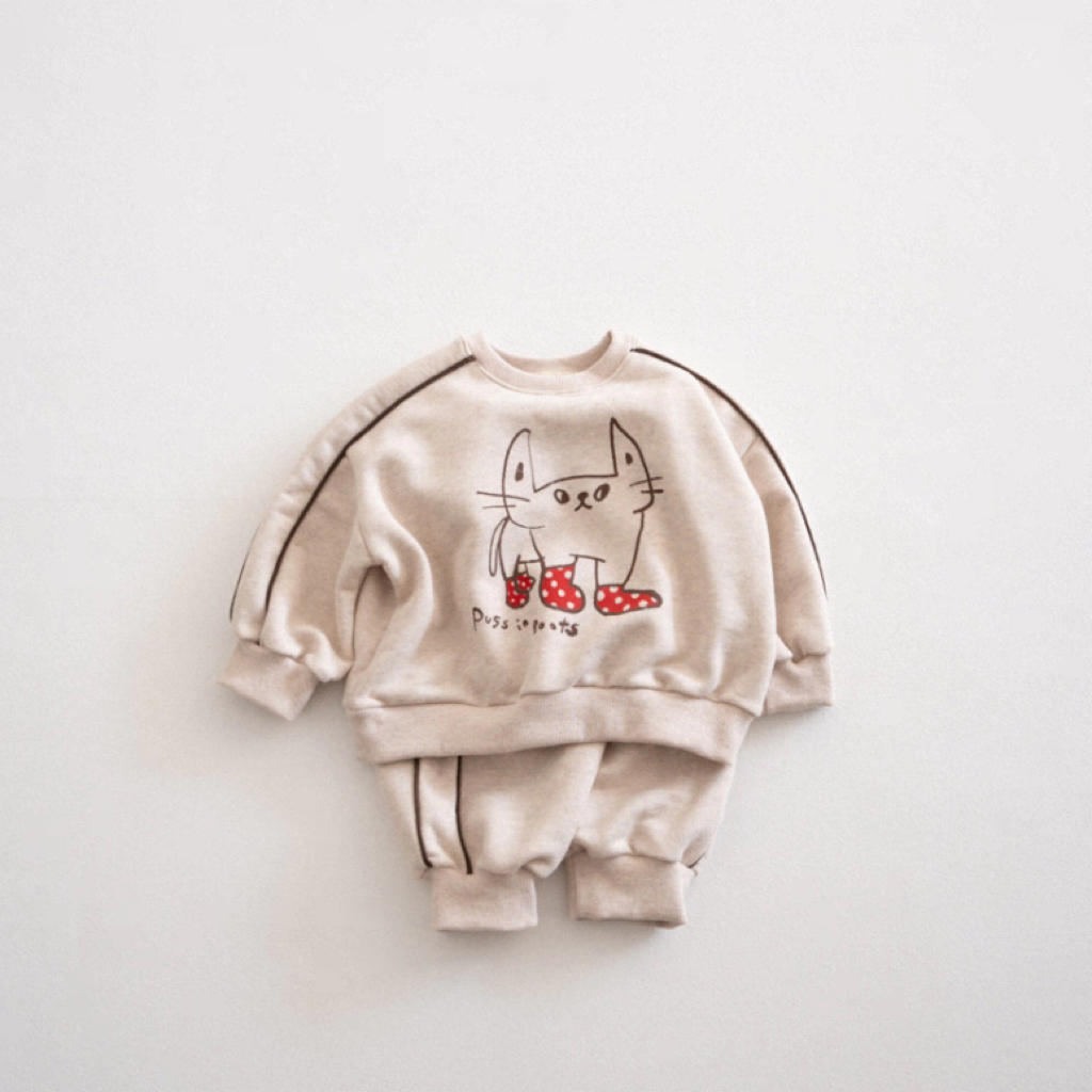 韩版ins秋冬款分体套装男女宝宝百搭时尚卫衣套卡通小猫图案潮流