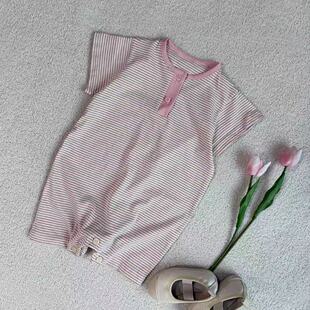 ins韩版 哈衣条纹短爬夏季 薄款 男女宝宝衣服圆领 婴儿爬服棉短袖