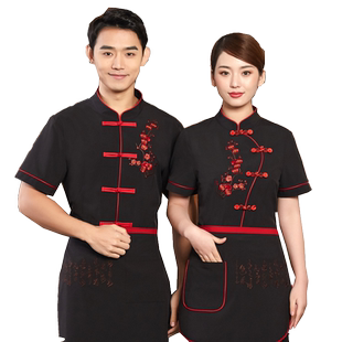 川湘菜馆传菜员工作服短袖农家乐前厅服务员制服夏装绣梅中式盘扣