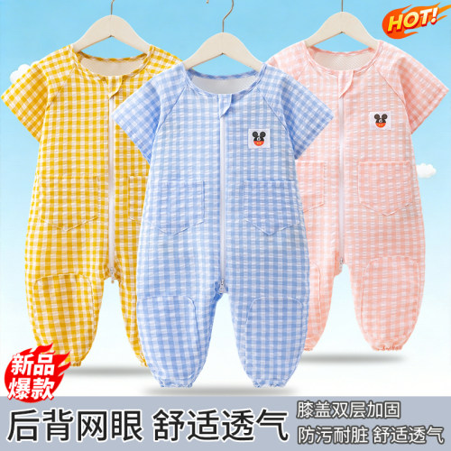 连体衣宝宝纯棉婴幼儿爬行罩衣围裙小孩防脏薄款无袖哈衣爬爬服