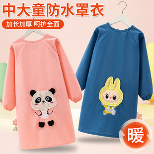 宝宝加长款围裙灯芯绒防水防脏冬季长袖罩衣幼儿园吃饭玩耍长护衣
