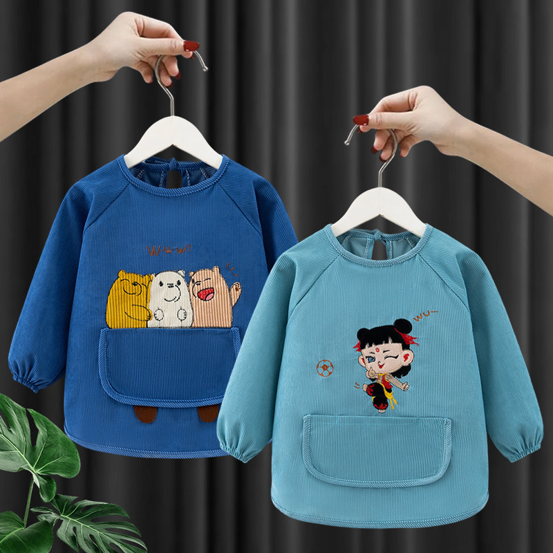 儿童可爱外穿围裙秋冬新款细条灯芯绒宝宝罩衣防水防脏加厚反穿衣