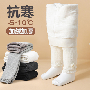 女童打底裤秋冬季加绒加厚款白色中童女宝宝九分长裤子儿童连裤袜