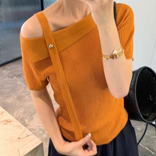 显瘦T恤上衣 夏季 新款 纯色一字领露肩飘带冰丝针织短袖 女气质修身