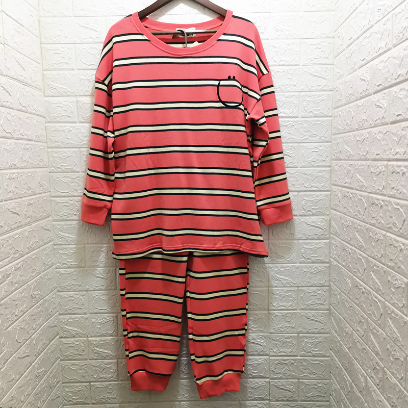 韩国女士大码睡衣条纹刺绣笑脸加厚针织棉圆领家居服套装