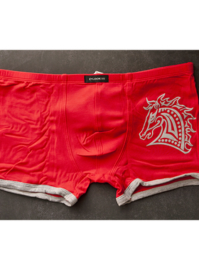 LOOKSEE鹭珂鸶男士内裤 木代尔红色暗筋马到功成印花休闲平角裤