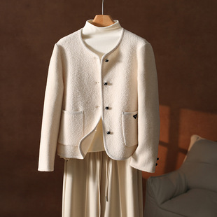 双面羊绒大衣 云朵肤感 春秋新款 白色拼接圈圈尼羊毛外套 女 短款