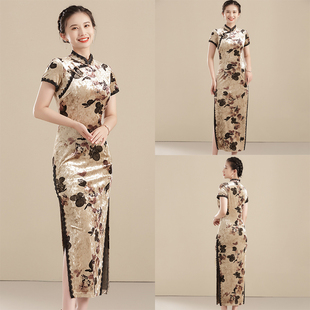 唯美妖娆!夏季新款国风丝绒蝴蝶印花短袖修身复古传统旗袍连衣裙