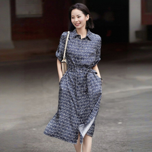 云端触感！重磅真丝蓝色碎花衬衫裙 夏季高端斜纹绸桑蚕丝连衣裙