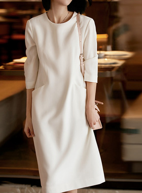 殿堂级G端！三醋酸面料+真丝内衬高级感气质型通勤显瘦白色连衣裙