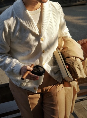 RTions 让定制 老钱风格 暗纹 青果领针织夹克