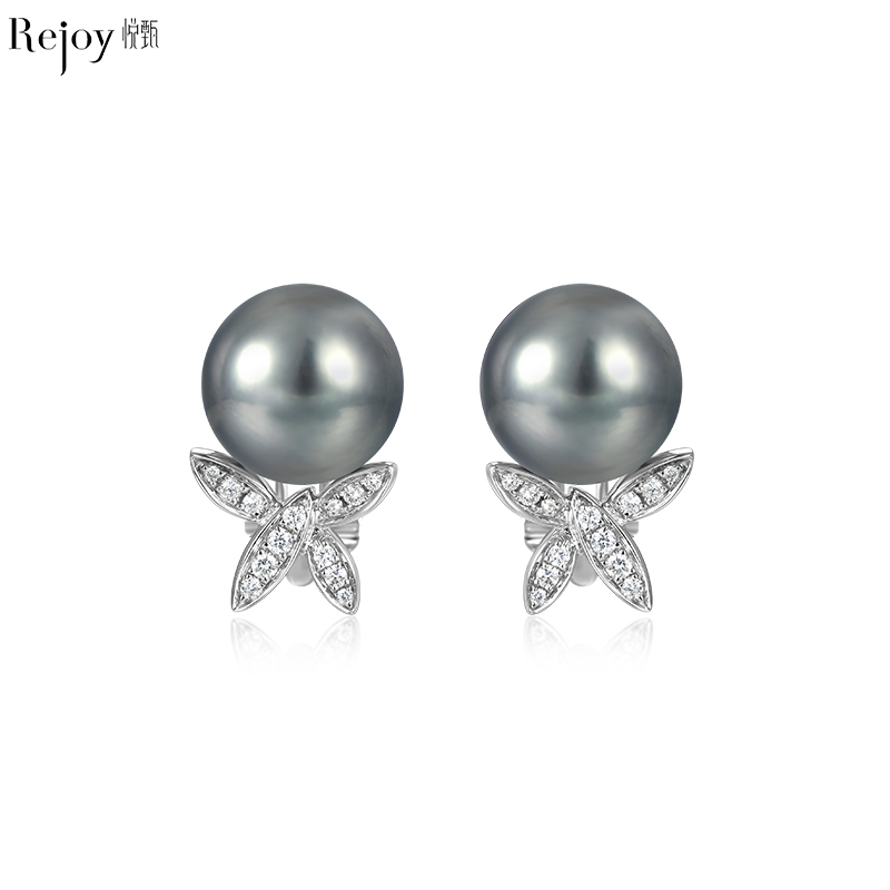 悦甄铂金灰珍珠钻石耳夹