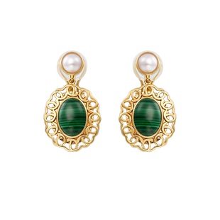 悦甄18k金孔雀石Akoya珍珠耳夹 法桐