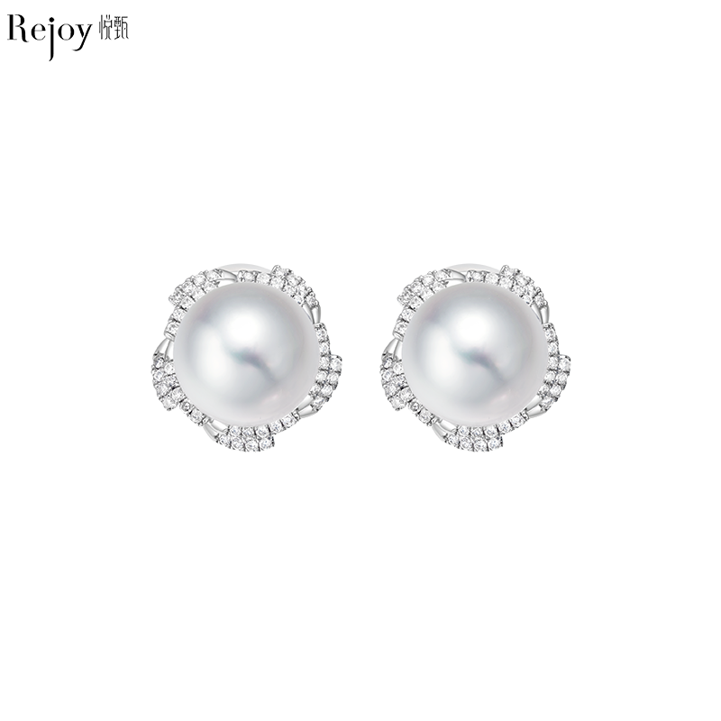 悦甄18K金澳白珍珠钻石耳夹 太阳花