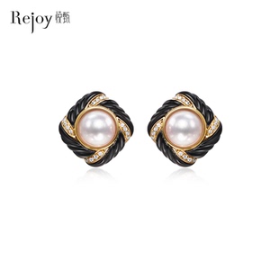 悦甄18K金vintage复古钻石akoya珍珠香风系列耳饰耳夹 菱形黑香风