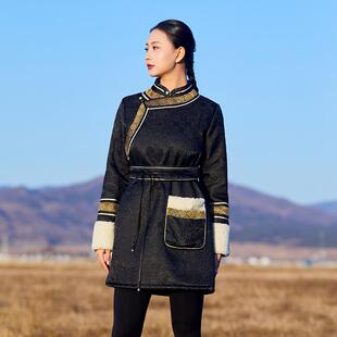 女士棉衣中长款冬季保暖外套民族风日常蒙古袍时尚棉服改良新品黑