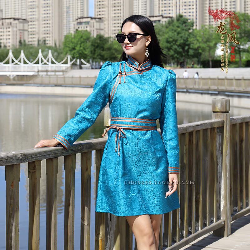 蒙古元素连衣裙春秋中长款现代改良蒙古袍女少数民族立领盘扣裙子