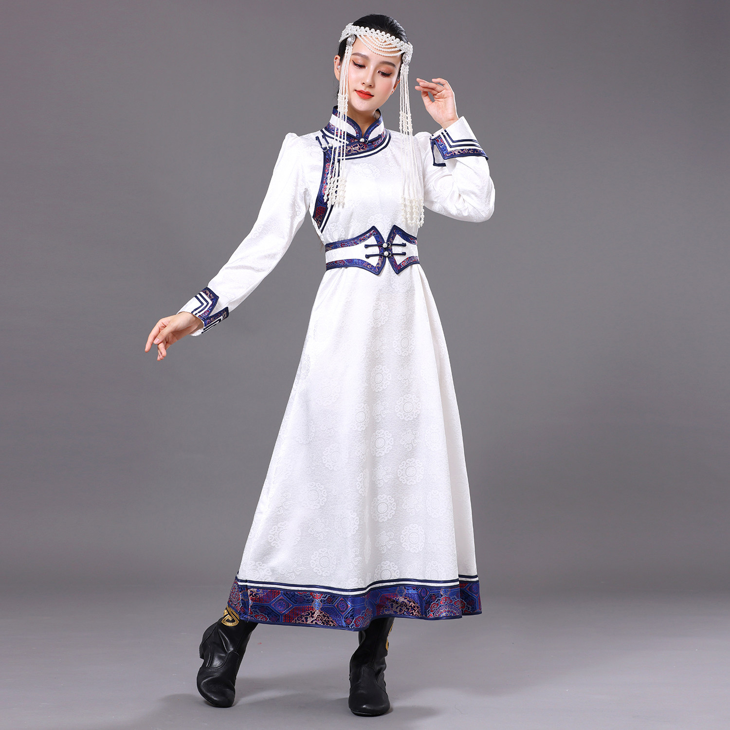 女士蒙古袍长款连衣裙草原旅拍服饰民族风舞蹈演出服蒙古服装礼服