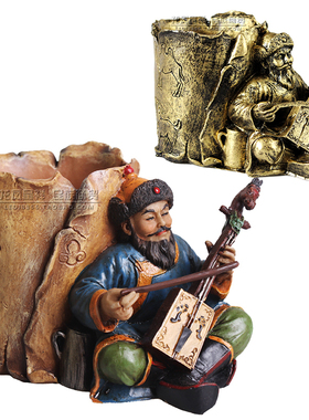 蒙古族特色笔筒内蒙古工艺品旅游纪念品礼品老人拉马头琴造型笔筒