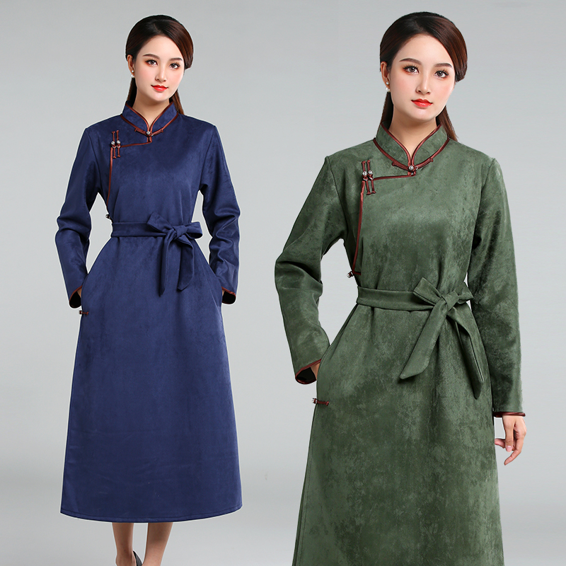蒙古服装女仿鹿皮绒长款蒙古袍手工盘扣高领民族风现代时尚连衣裙