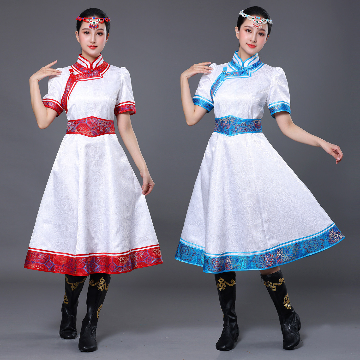 蒙古族舞蹈演出服女春夏民族风短袖蒙古裙中长舞台表演服旅拍礼服