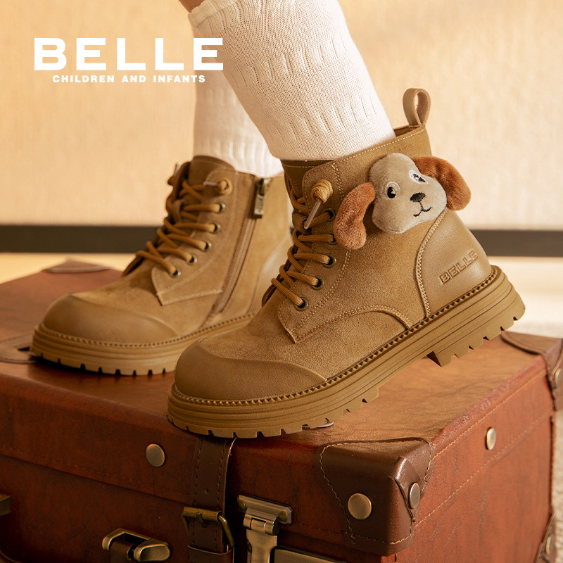 百丽童鞋儿童马丁靴男女童英伦风卡通高帮工装靴秋冬新款加绒靴子
