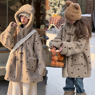 冷大娘刺绣波点羊羔毛外套皮毛一体连帽毛绒保暖百搭宽松厚上衣亲