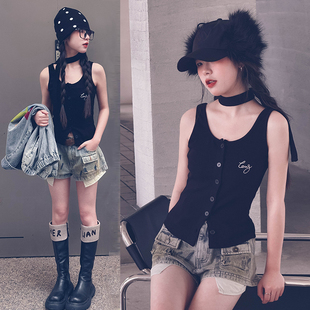 冷大娘 女童高腰无袖显瘦刺绣针织背心上衣爵士舞女团演出服亲子