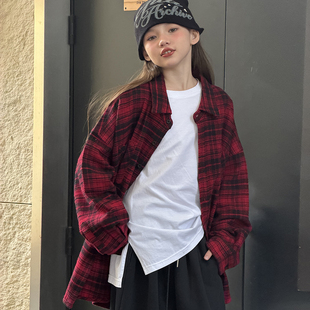 冷大娘 男女中大童秋冬格子磨毛衬衫英伦长袖衬衣小个子外套亲子